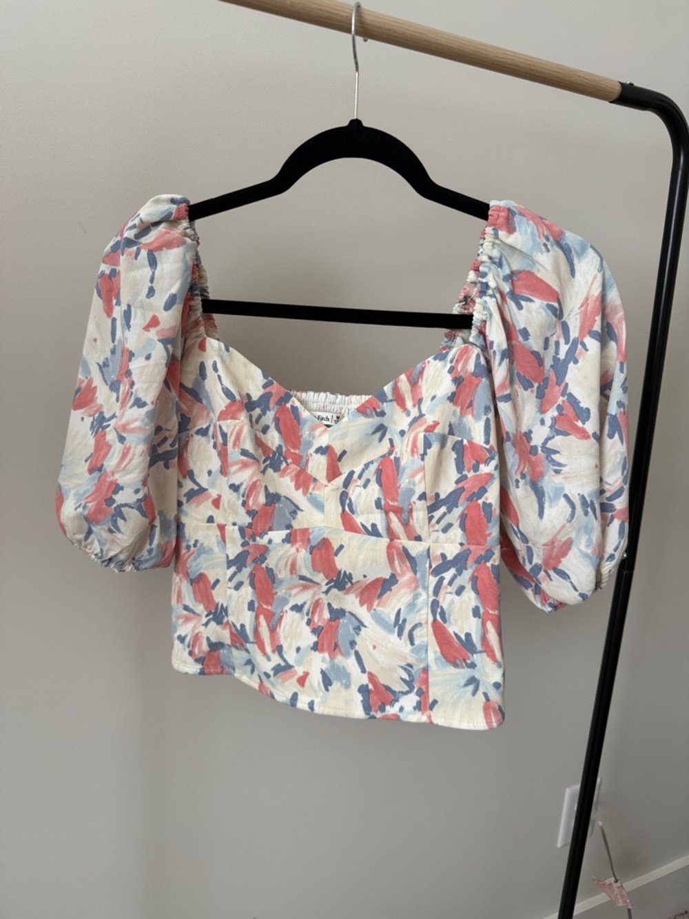 Abercrombie & Fitch Floral Puff-Sleeve Square Neck Top - Cream, Pink & Blue